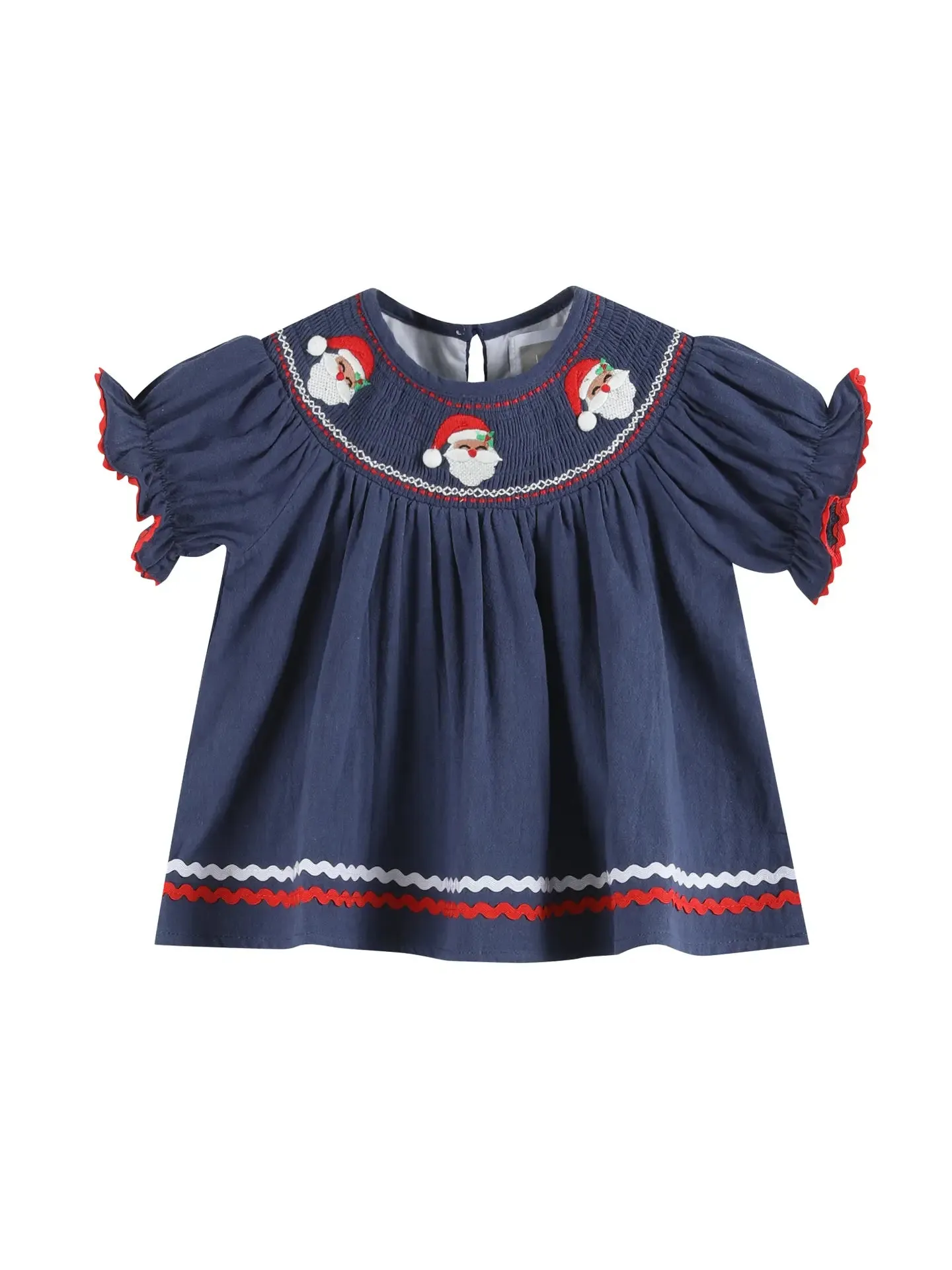 Navy Blue Santa Smocked Dress and Bloomers Set