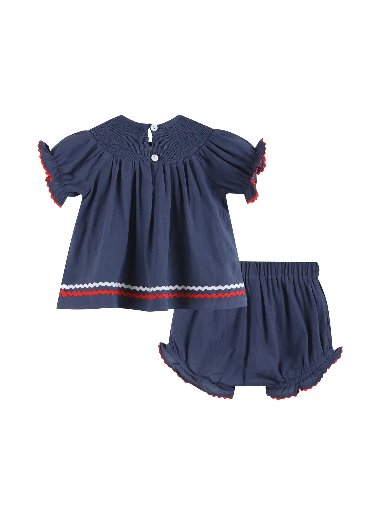 Navy Blue Santa Smocked Dress and Bloomers Set