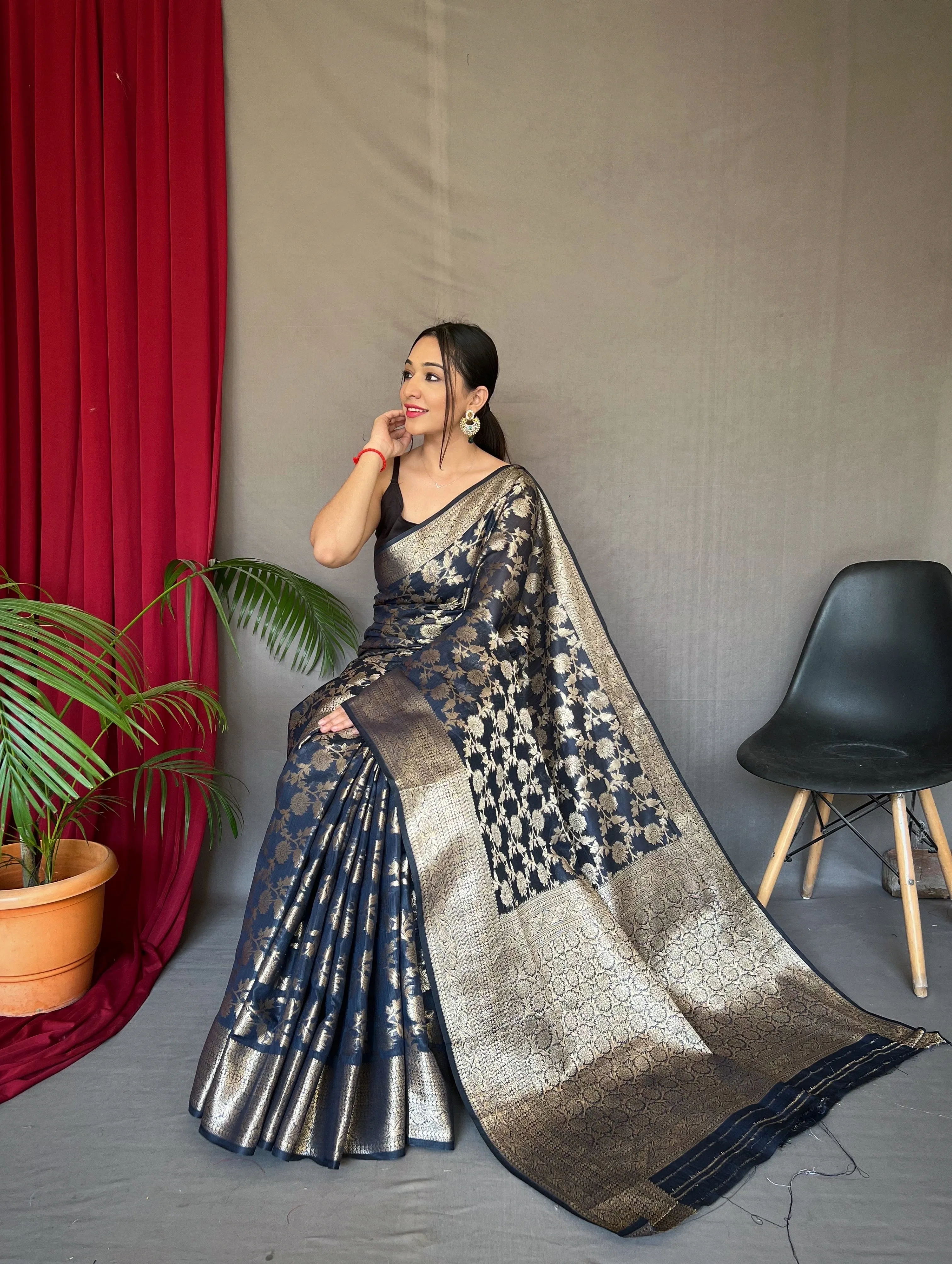 Navy Blue Saree in Cotton Linen