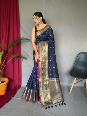 Navy Blue Saree in Soft Silk Multi Color Zari Woven