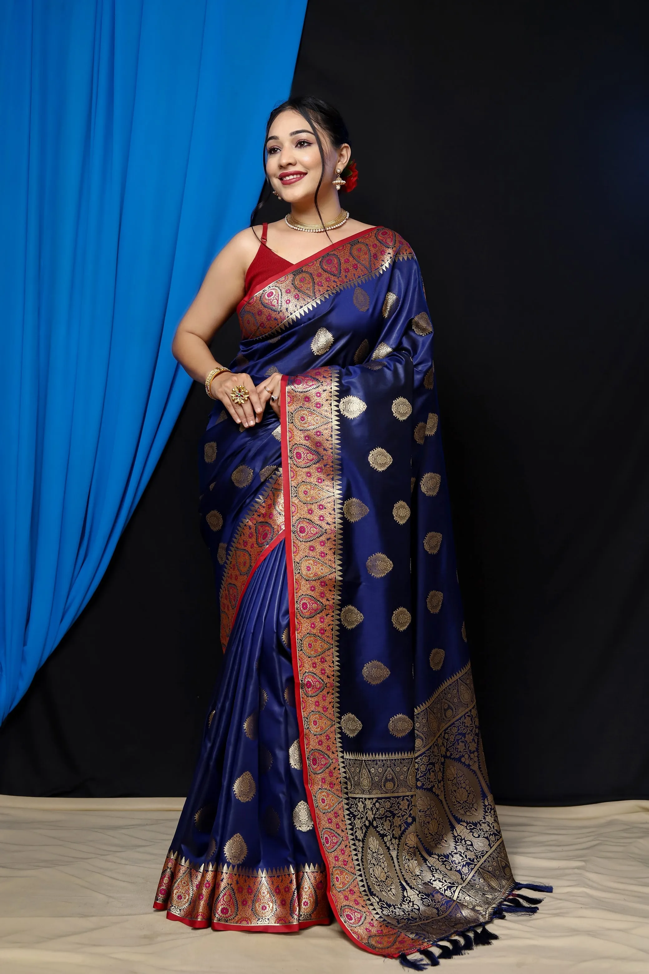 Navy Blue Saree in Sunheri Dola Silk Contrast