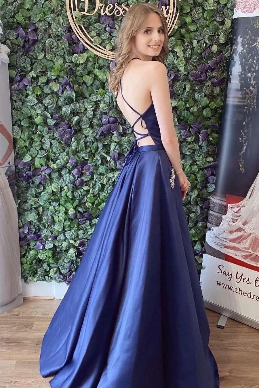 Navy Blue Satin Lace Up Back A-Line Prom Dress With Pockets PSK377