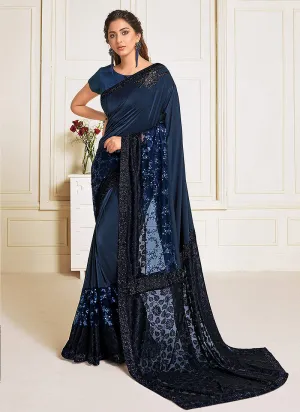 Navy Blue Sequence Embroidered Designer Saree