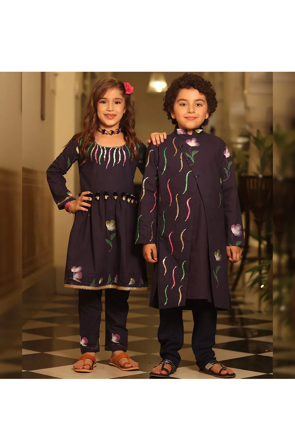 Navy Blue Sequins Detailing Kurta With Pant Set