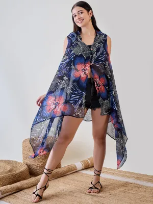 Navy Blue Shibori Printed Georgette Sheer Resort Cover Up