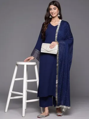 Navy Blue Silk Crepe Suit Set In Gota Patti With Chiffon Silk Dupatta