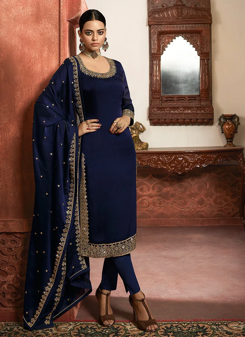 Navy Blue Silk Lehenga/Pant Suit