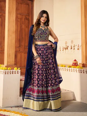 Navy Blue  Silk Printed Semi Stitched Lehenga With Unstitched Blouse