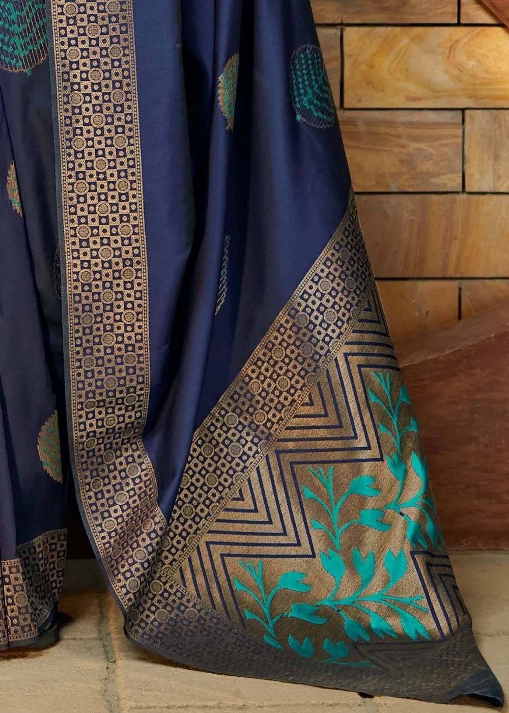 Navy Blue Silk Saree with Zari Border