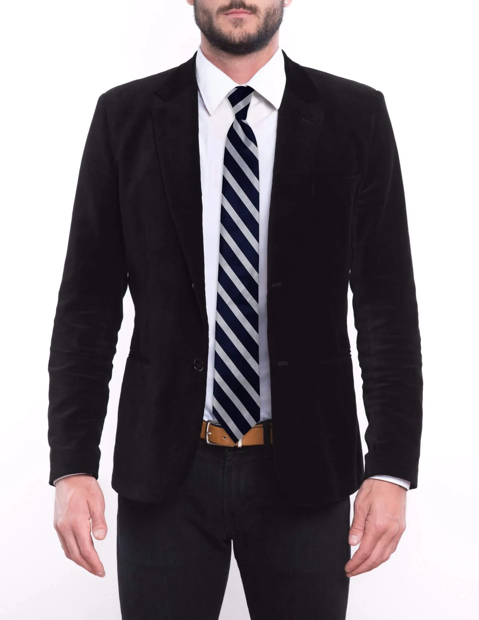 Navy Blue Silver Stripe Skinny Tie