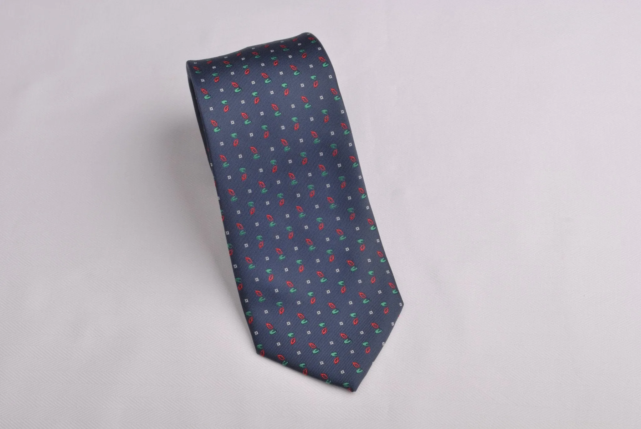 Navy Blue Skinny Woven Tie with Red Green Floral Luxury Fashion 3"