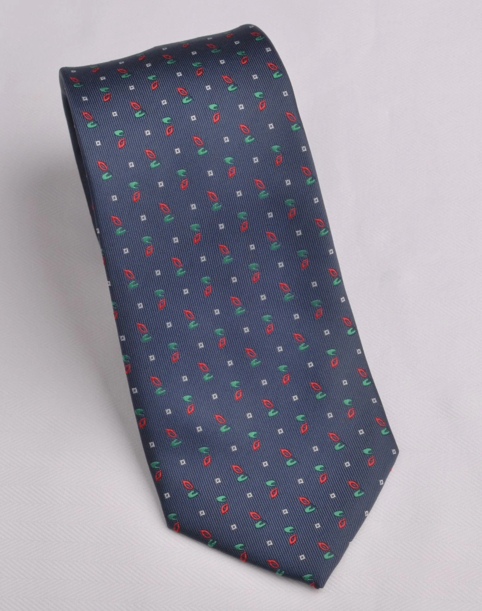 Navy Blue Skinny Woven Tie with Red Green Floral Luxury Fashion 3"