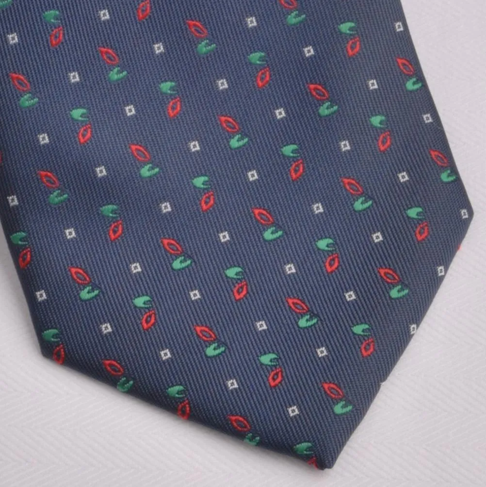 Navy Blue Skinny Woven Tie with Red Green Floral Luxury Fashion 3"