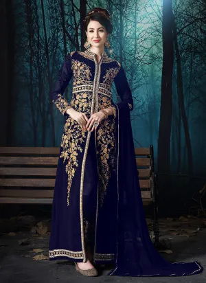 Navy Blue Slit Style Embroidered Anarkali Pant Suit