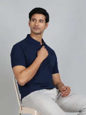 Navy Blue Solid Regular Fit Polo T-Shirt | Greenfibre