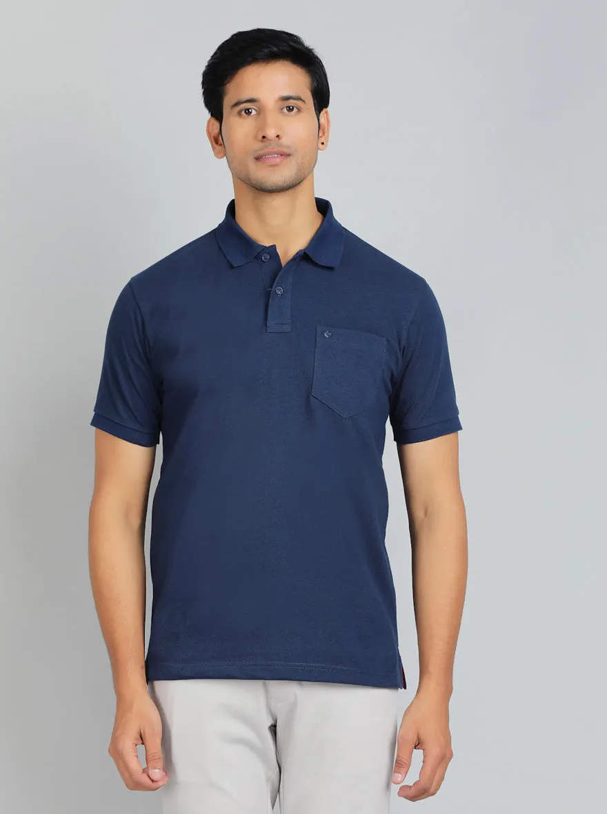 Navy Blue Solid Regular Fit Polo T-Shirt | Greenfibre