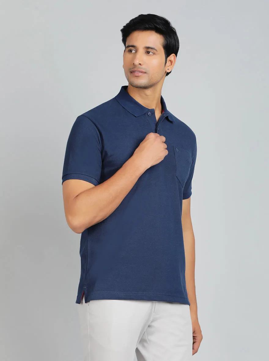 Navy Blue Solid Regular Fit Polo T-Shirt | Greenfibre