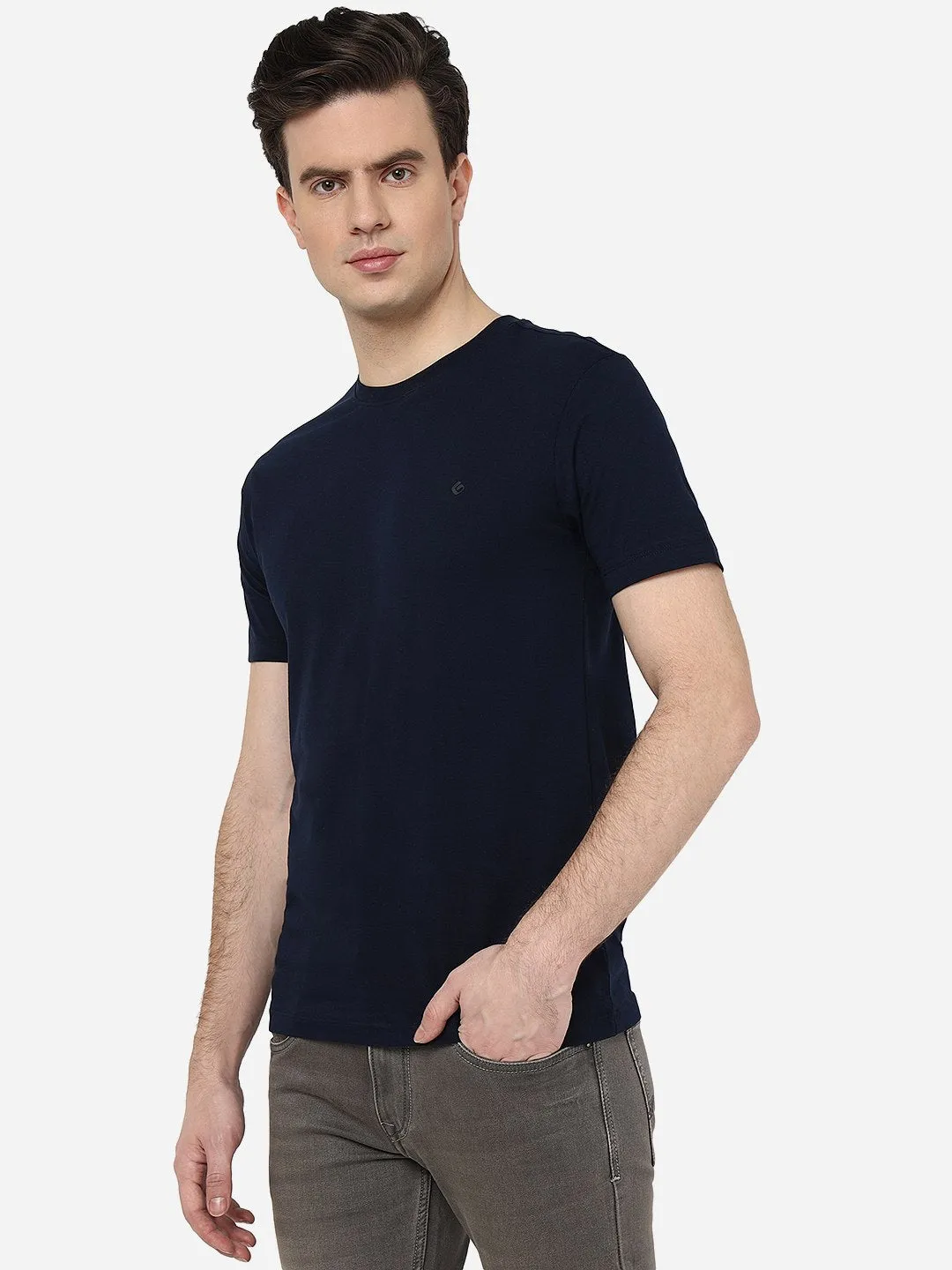 Navy Blue Solid Slim Fit T-Shirt | Greenfibre