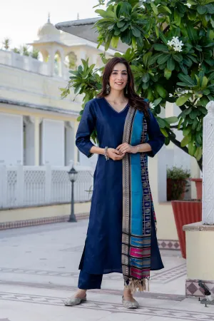 Navy Blue Straight Kurta Set With Printed Dupatta for Women