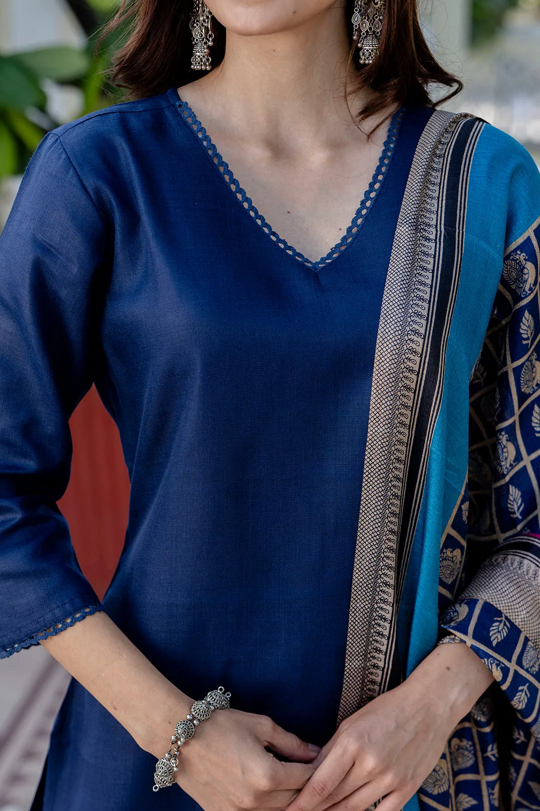 Navy Blue Straight Kurta Set With Printed Dupatta for Women