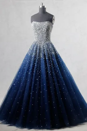 Navy Blue Strapless Floor Length Prom Ball Gown With Beading Sequins