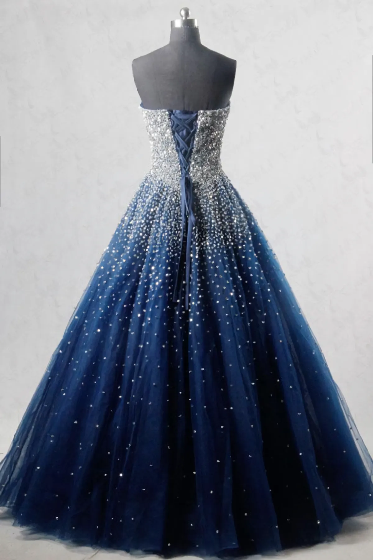 Navy Blue Strapless Floor Length Prom Ball Gown With Beading Sequins