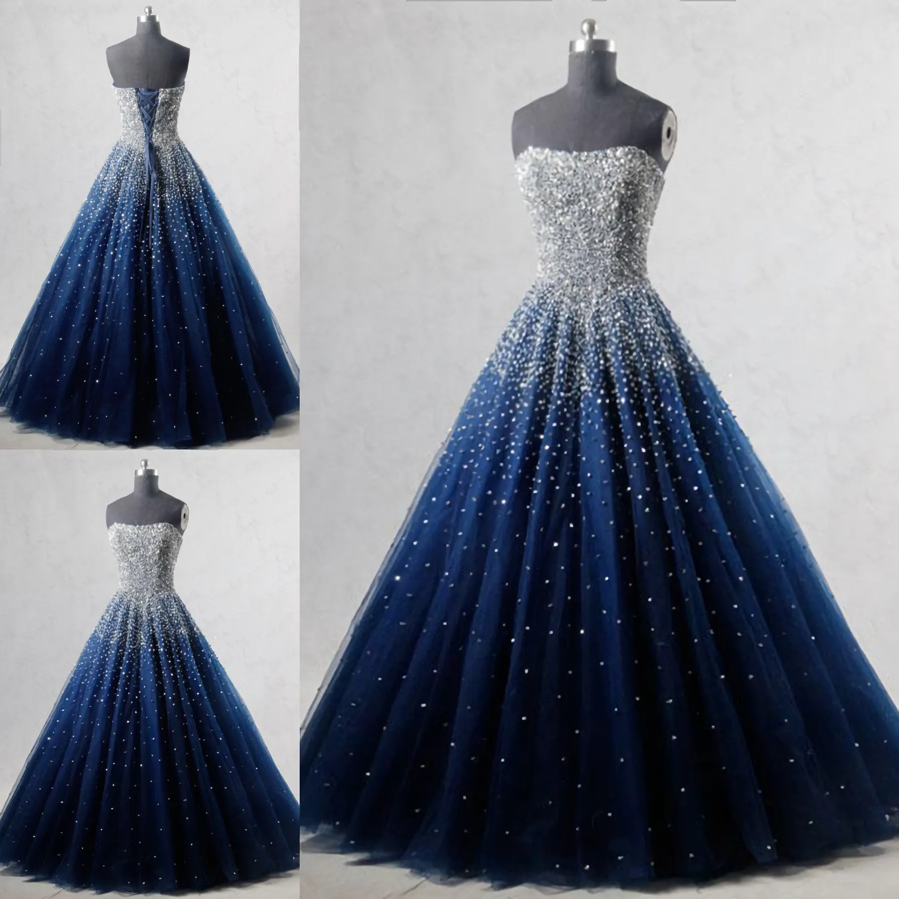 Navy Blue Strapless Floor Length Prom Ball Gown With Beading Sequins