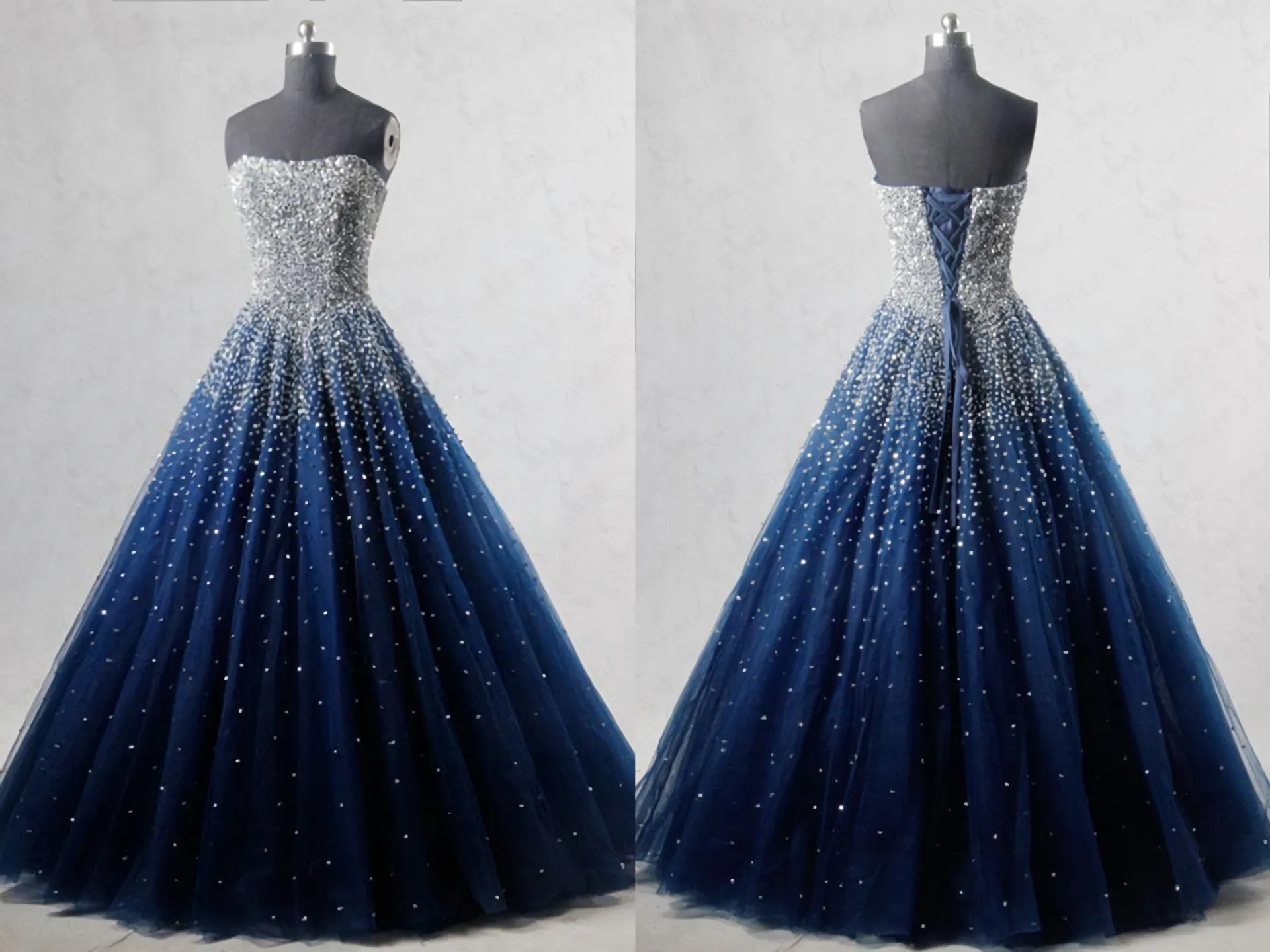 Navy Blue Strapless Floor Length Prom Ball Gown With Beading Sequins