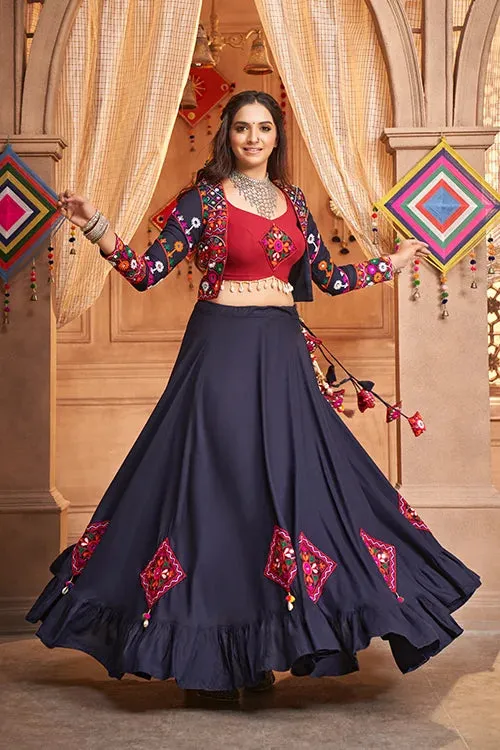 Navy Blue Stylish Embroidered Koti Style Chaniya Choli Latest Fashion Navratri Collection