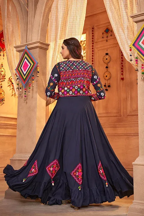 Navy Blue Stylish Embroidered Koti Style Chaniya Choli Latest Fashion Navratri Collection