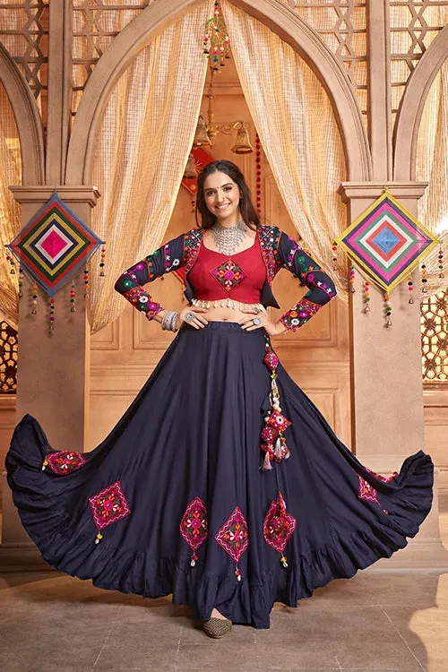 Navy Blue Stylish Embroidered Koti Style Chaniya Choli Latest Fashion Navratri Collection