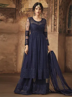 Navy Blue Thread Embroidered Party Wear Palazzo Suit