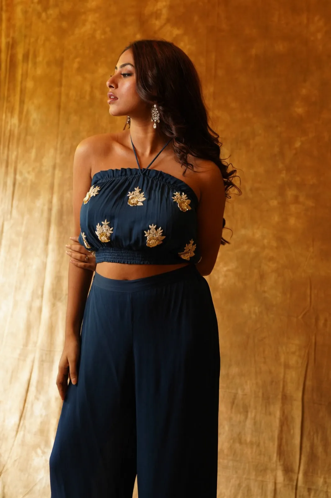 Navy Blue Tie-Up Crop Top & Palazzo Pants