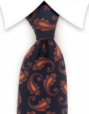 Navy Blue Tie with Orange Paisley Design