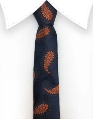 Navy Blue Tie with Orange Paisley Print