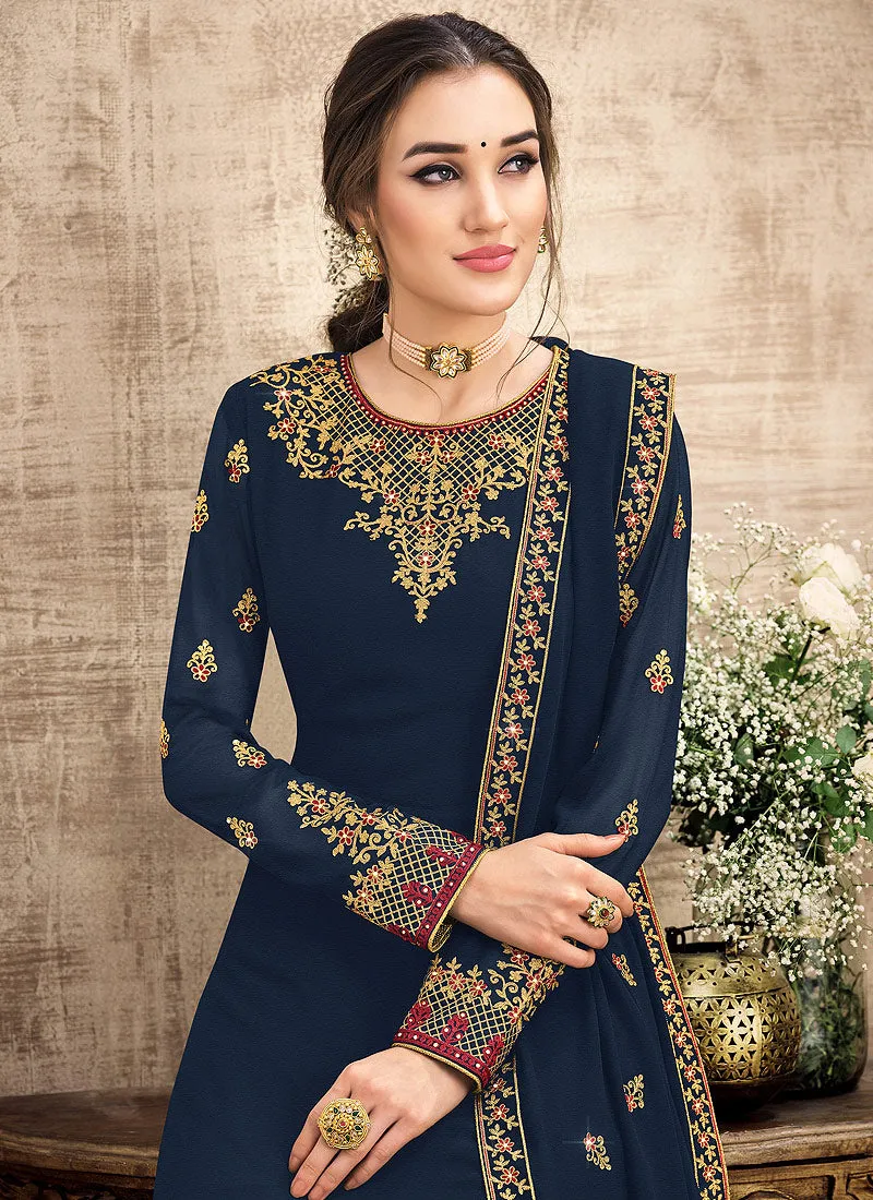 Navy Blue Traditional Embroidered Pant Style Suit