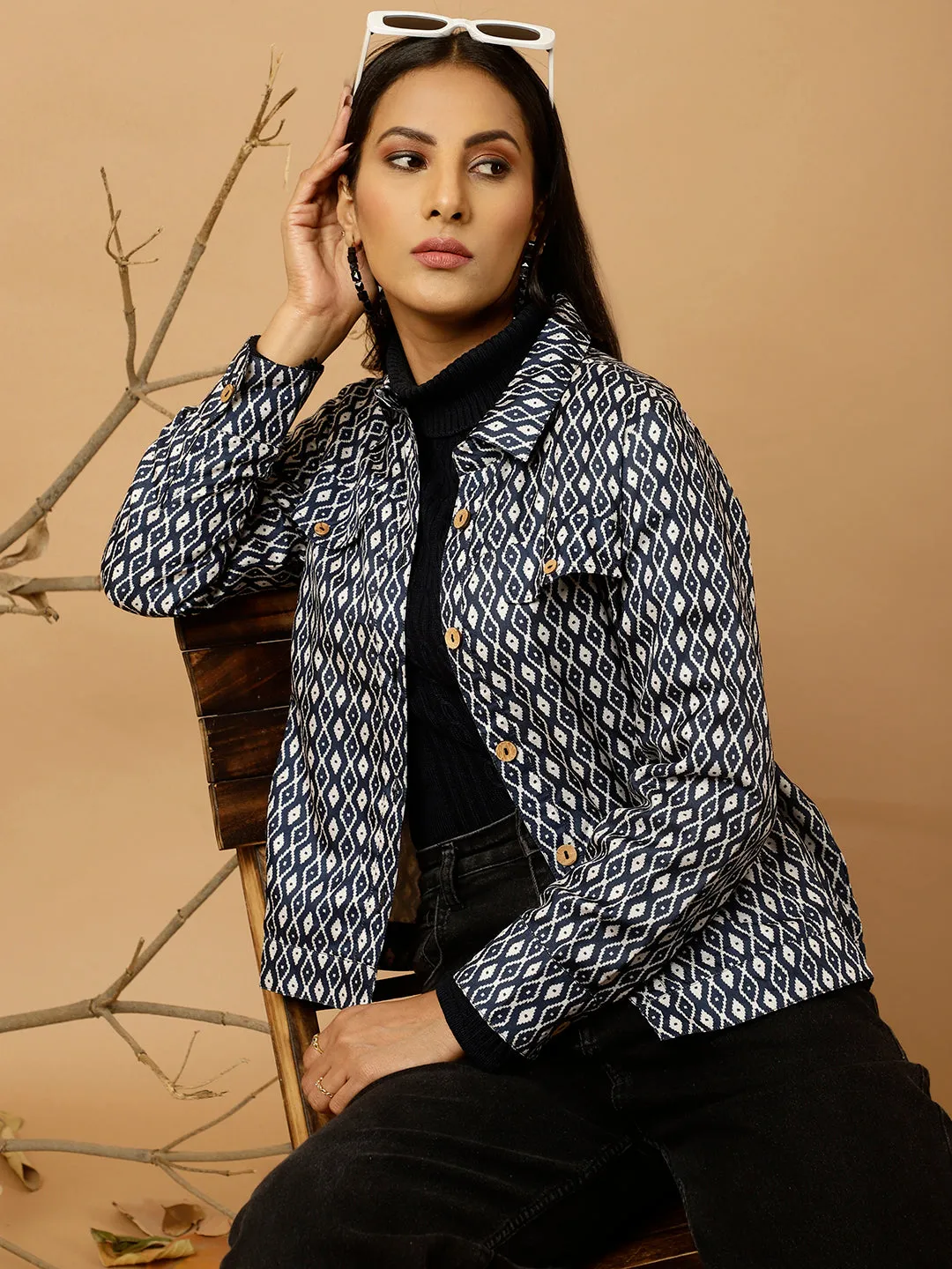 Navy Blue Tussar Silk Geometric Printed Jacket