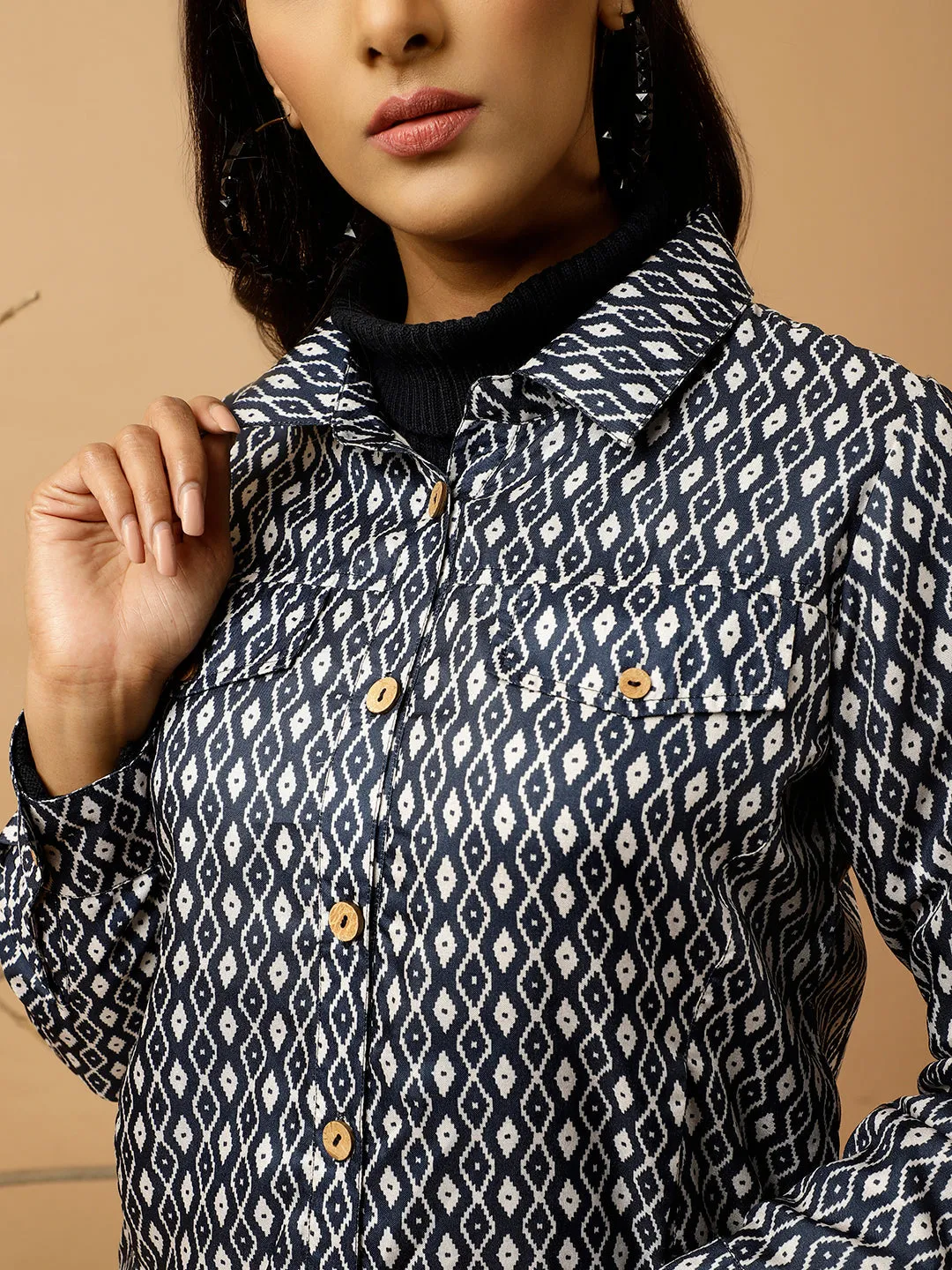 Navy Blue Tussar Silk Geometric Printed Jacket