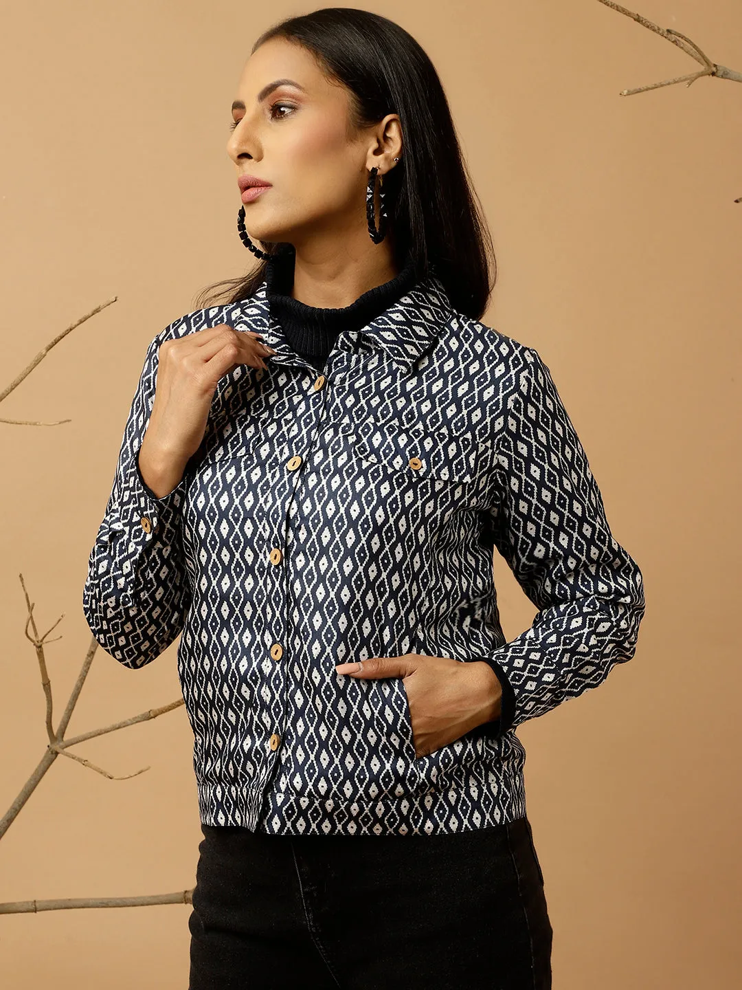 Navy Blue Tussar Silk Geometric Printed Jacket