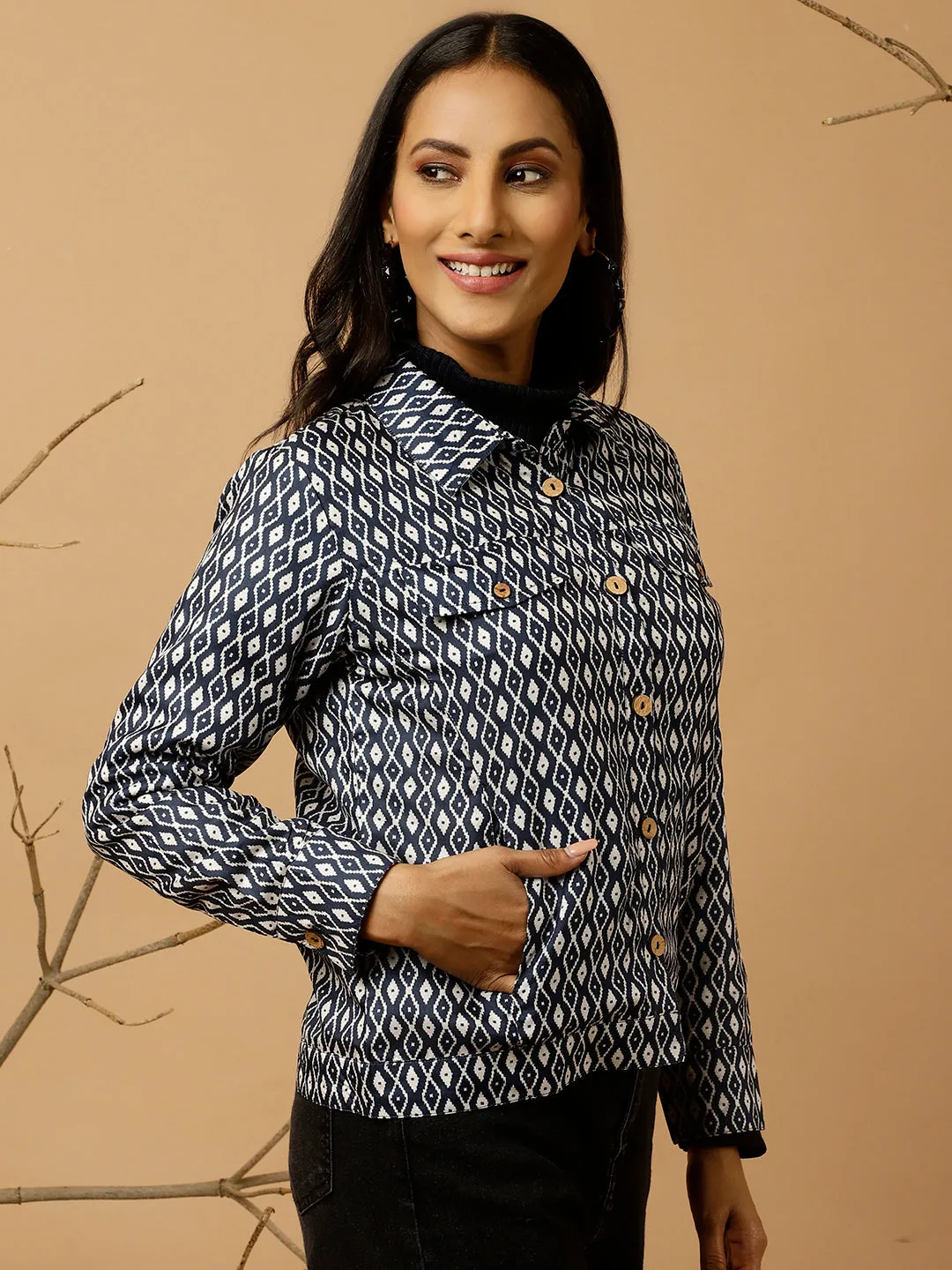 Navy Blue Tussar Silk Geometric Printed Jacket