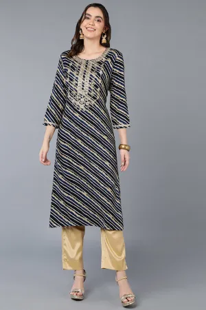 Navy Blue Viscose Rayon Leheriya Printed Straight Kurta