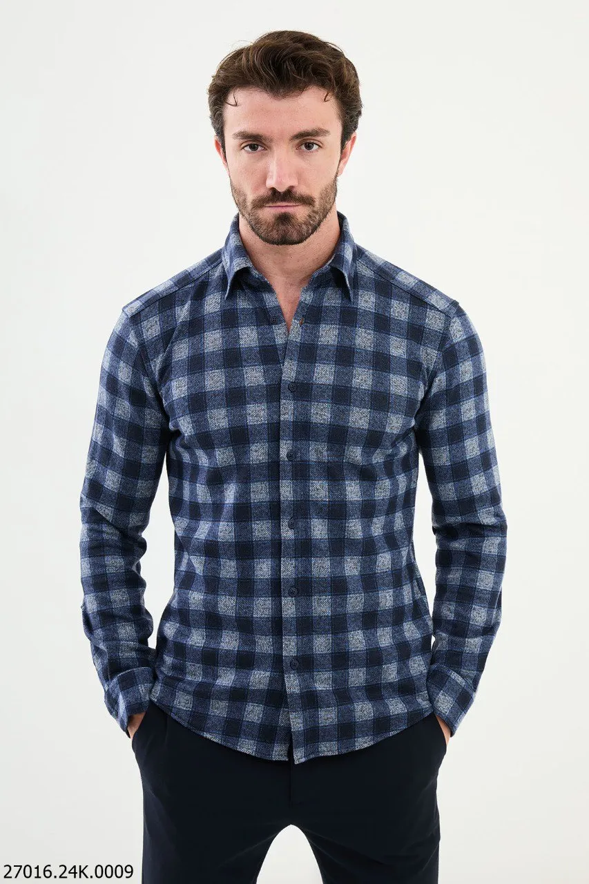 Navy Blue-White Checked Shirt for Men.