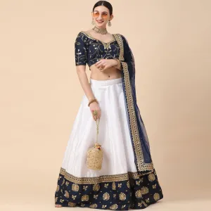 Navy Blue-White Party Wear Sequins Embroidered Satin Lehenga Choli