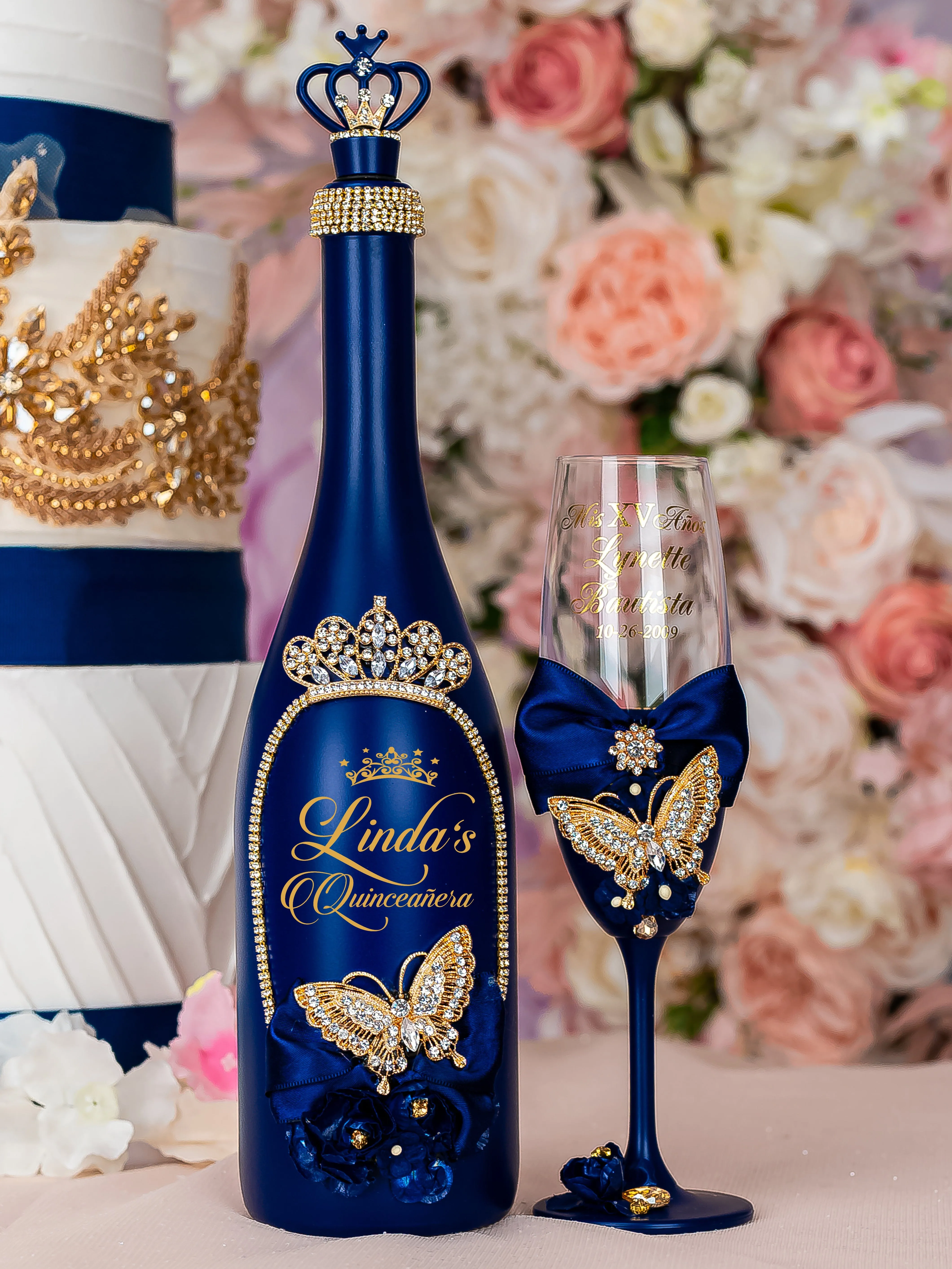 Navy blue with butterflies 1 quinceanera champagne glass