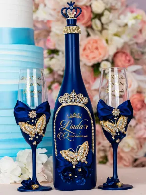 Navy blue with butterflies quinceanera bottle with 2 glasses