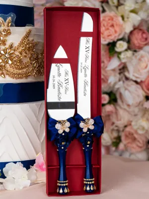 Navy blue with butterflies Quinceanera cake knife and server