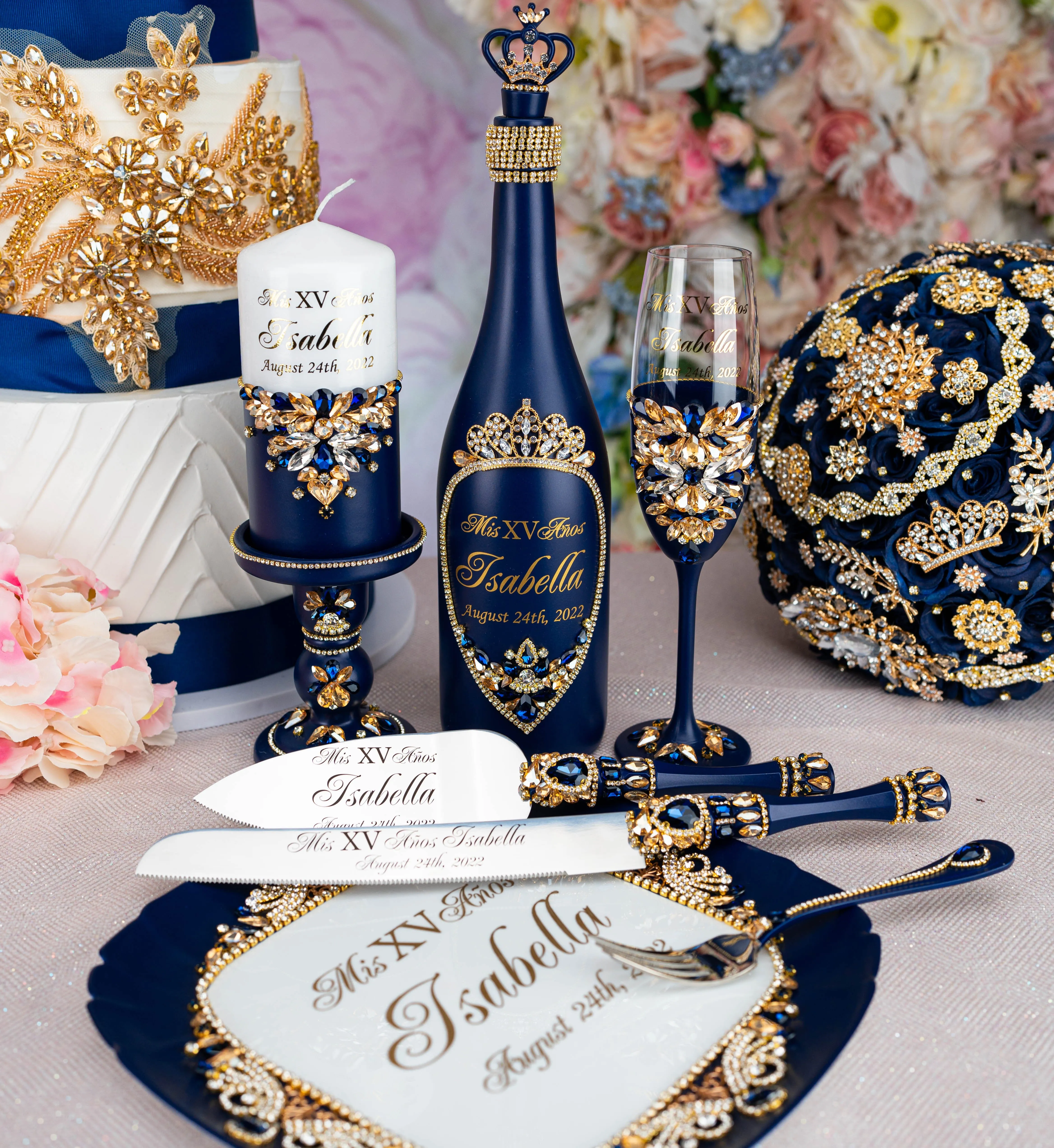 Navy blue with gold 15 candle ceremony for quinceanera