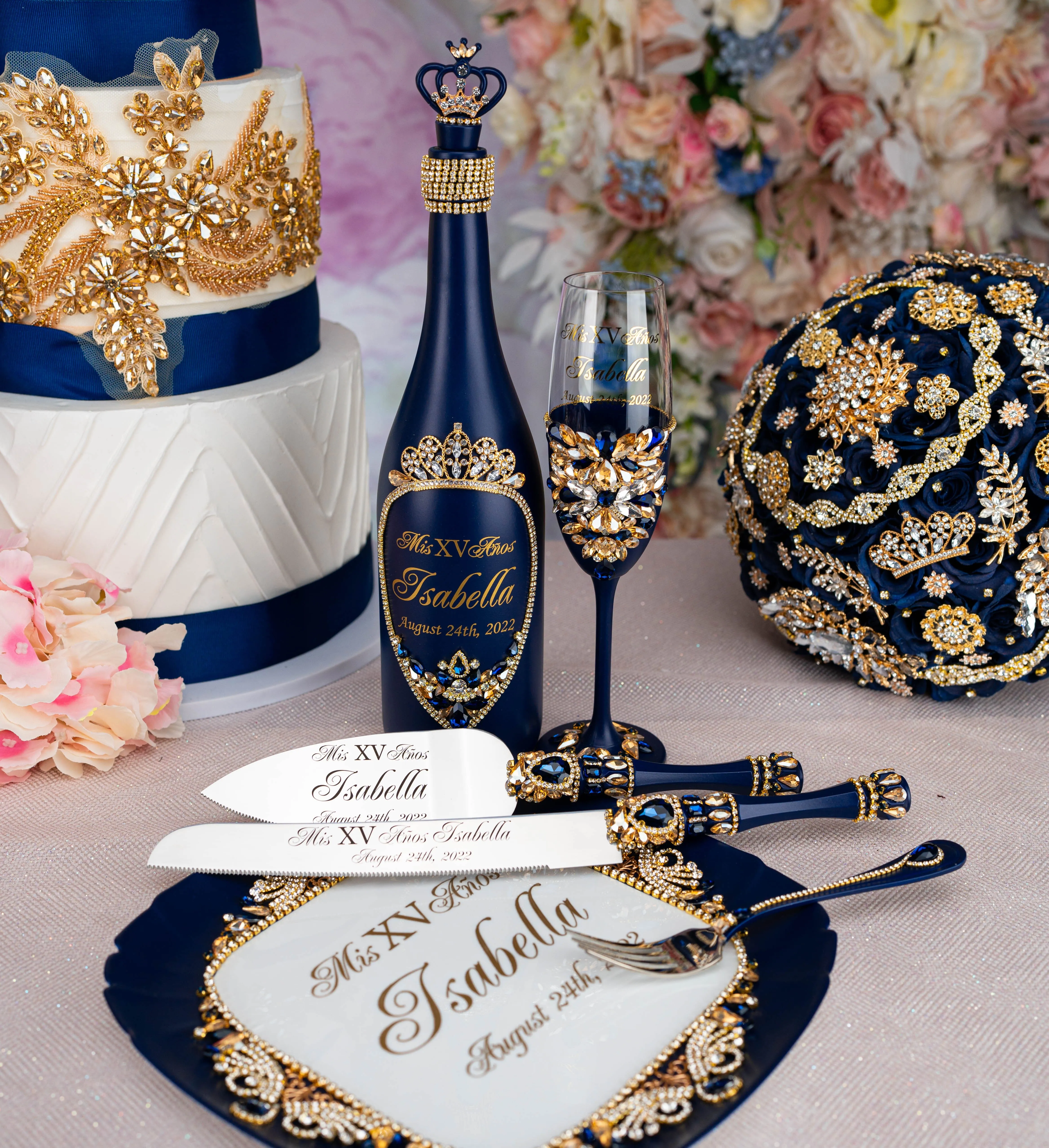 Navy blue with gold 15 candle ceremony for quinceanera