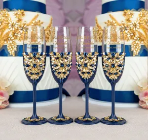 Navy blue with gold 4 quinceanera champagne glasses