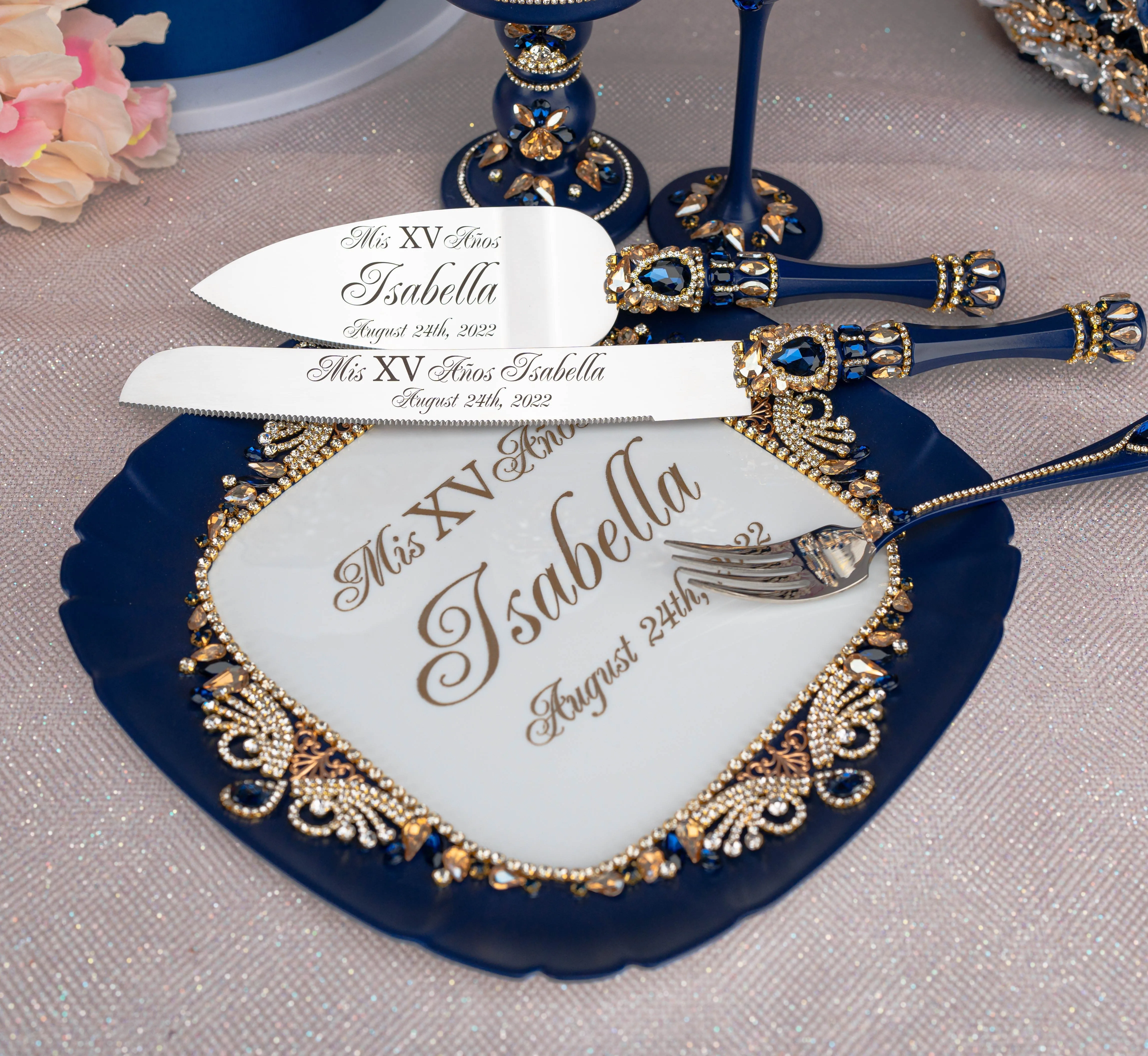 Navy blue with gold quinceanera brindis package with bottle